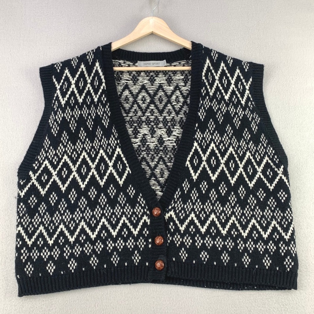 VTG Esprit Fair Isle Sweater Vest Women L Black White Geometric V-Neck Wool